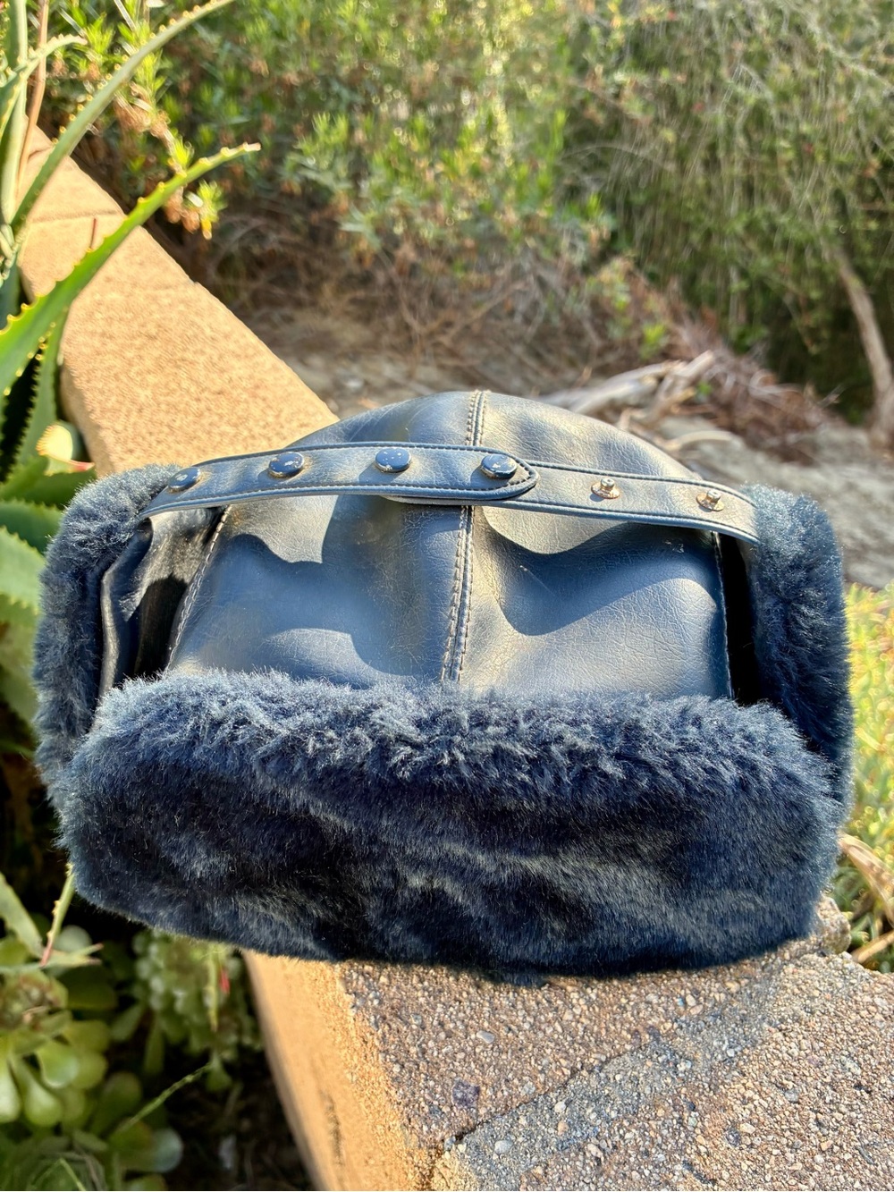 USA Vintage Faux Shearling Trim Leather Aviator Hat - Navy